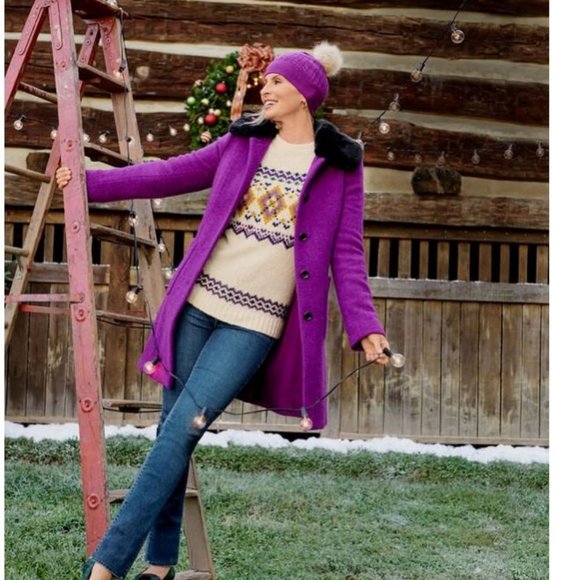 TALBOTS NWT SMALL BRIGHT PURPLE BOUCLE COAT WITH FAUX FUR COLLAR! - Picture 2 of 13